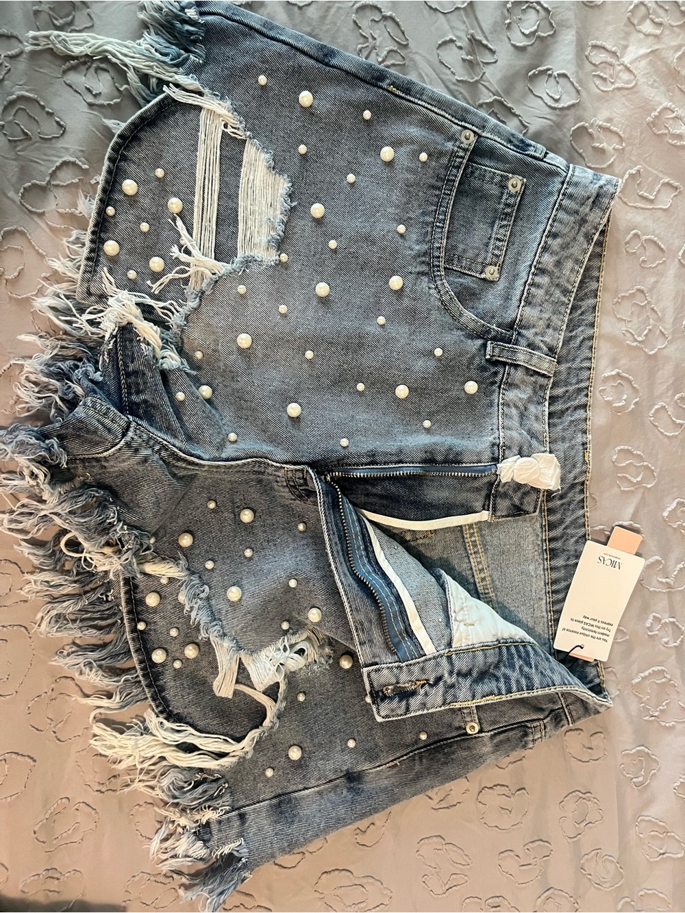 Denim Pearl-Embellished Distressed Jean Shorts - Blue